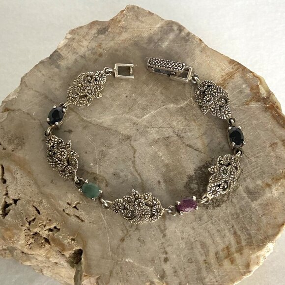 Sterling Silver 925 Multi Gemstone Marcasite Floral Link Bracelet 7.25" - Picture 2 of 16